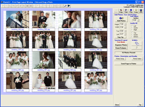 one click organizing of photos for printing, add text to print page