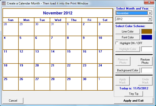 Software for printing a calendar without a photo